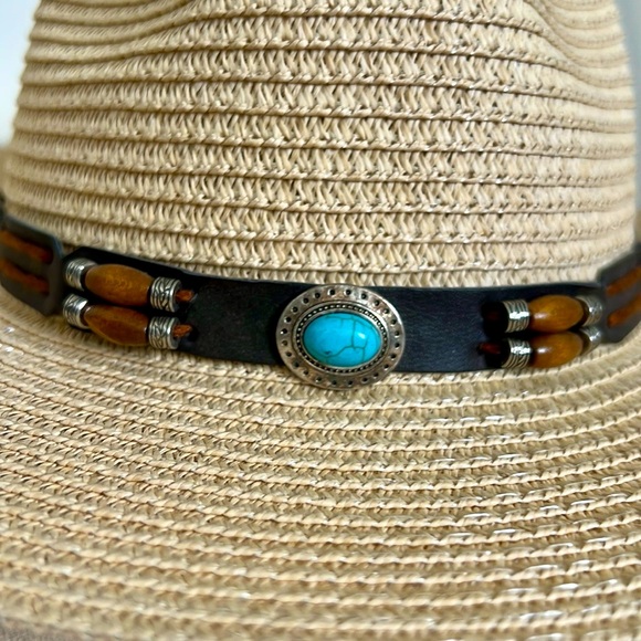 New~Unisex / Straw Hat With Turquoise Stone Detail - Picture 2 of 10